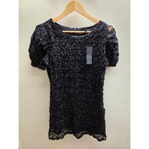 Lulus Black 3D Floral Applique Mini Dress Short Puff Sleeve Mesh Size M NWT